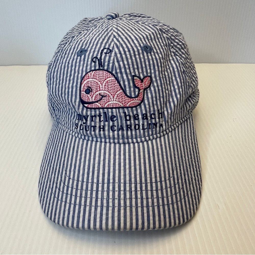 Saltwater Seersucker, blue/white pinstripe baseball cap Whale Myrtle Beach EUC